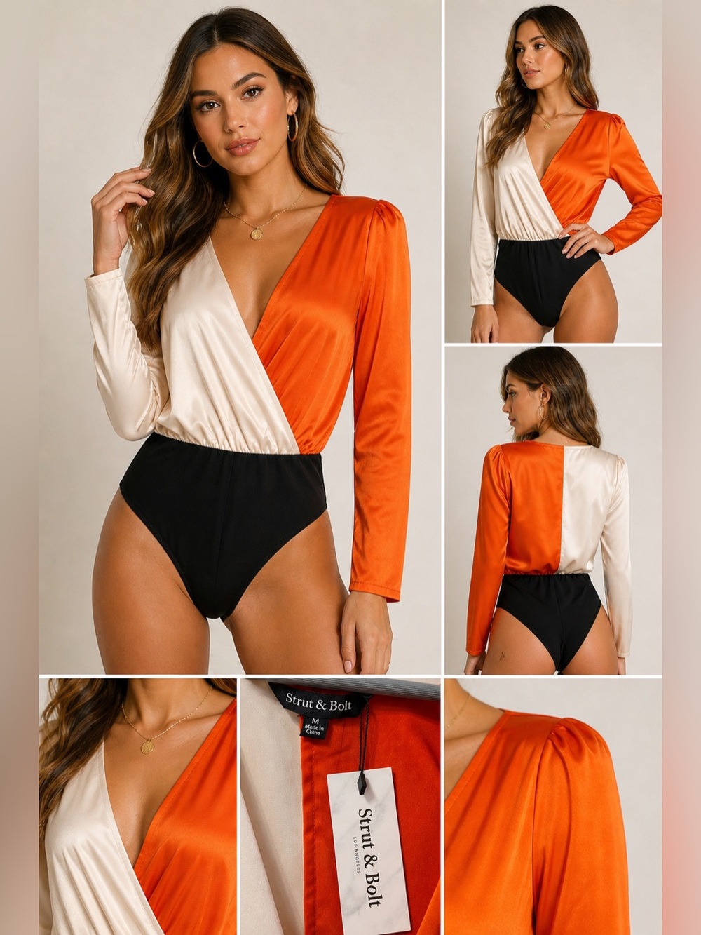 Strut & Bolt Colorblock Satin Faux Wrap Bodysuit – Size M